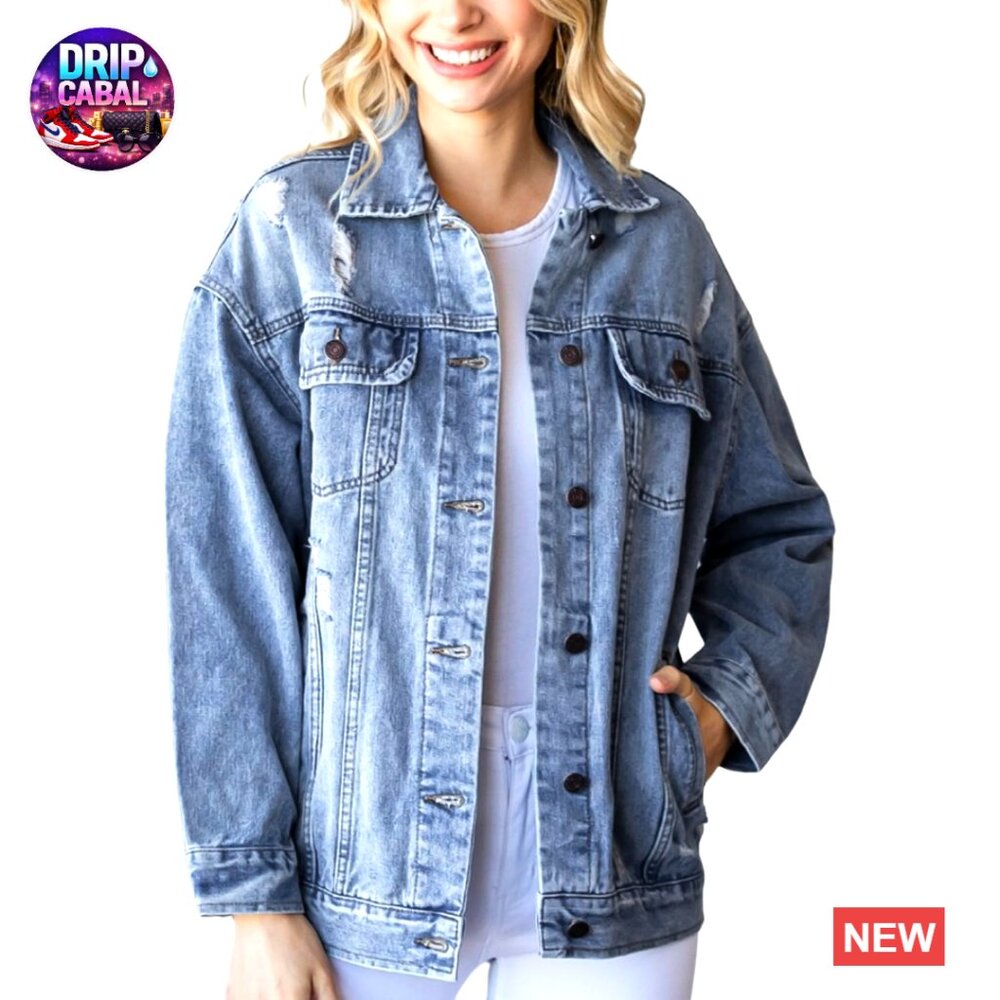 Oversized Distressed Denim Jacket Drop Shoulder Ripped Vintage Casual Coat